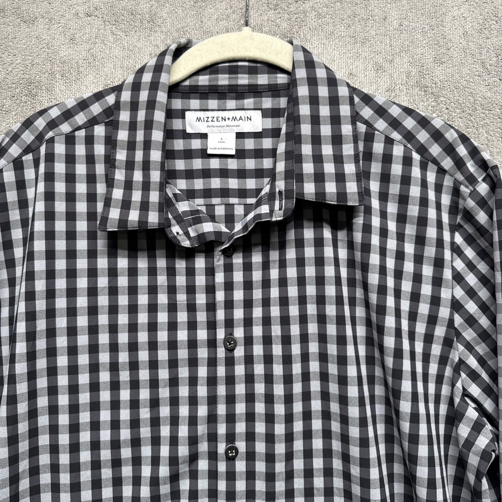Mizzen + Main Performance Shirt Men's L Trim Black Plaid Button‎ Up "Lee"